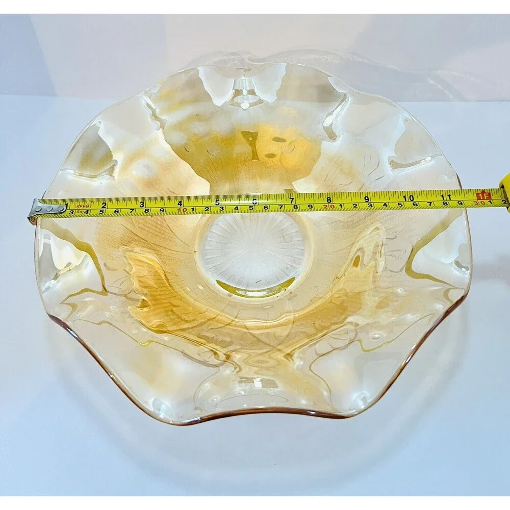 Jeannette Iris Herringbone Marigold Carnival Glass 11” Ruffled Fruit Bowl